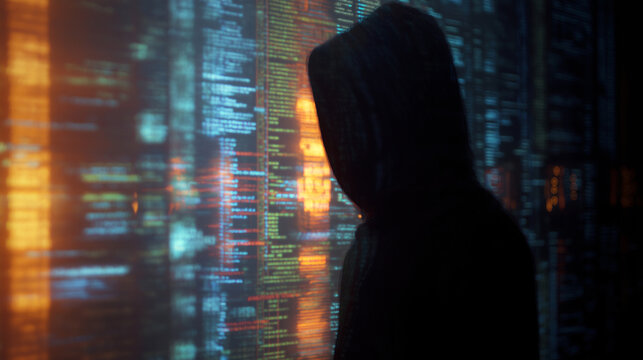 Anonymous hacker with binary code background performing a cyberattack at night - Powered by Adobe