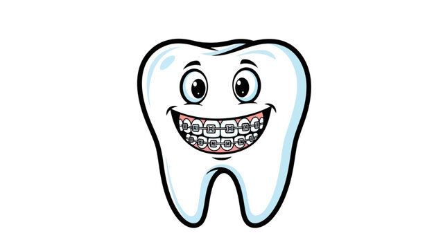 Cartoon tooth with braces and a happy face
