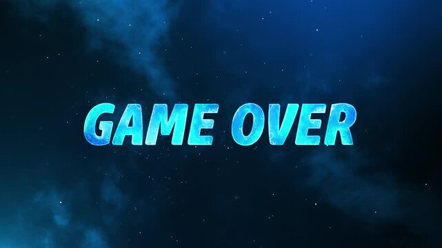 Glowing vibrant neon text display on dark background with particles and nubula, game over animation for live videos and gaming outro. - Powered by Adobe
