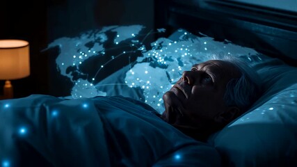 Elderly man peacefully sleeping in bed illuminated by glowing world map projection with blue digital light and global connection pattern - Powered by Adobe