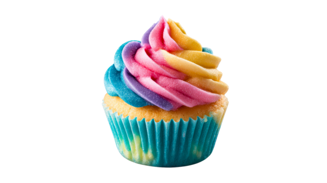 Gourmet cupcake with swirls of rainbow colored frosting and edible glitter