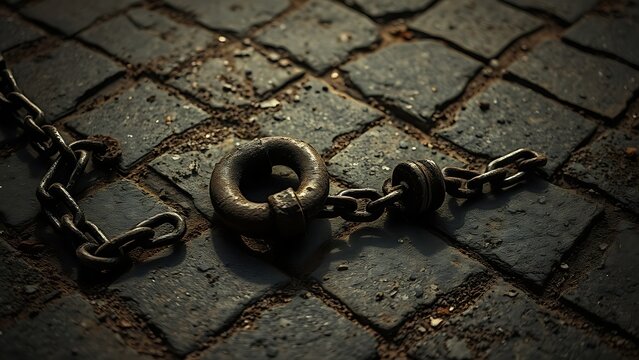  Weathered rusted shackles lie on rough stone, chains trailing into shadow. 
