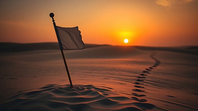 Broken flagpole in sandy ground with retreating footprints, sunset symbolic of surrender.