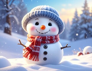 Animated snowman with scarf and hat in a snowy winter scene