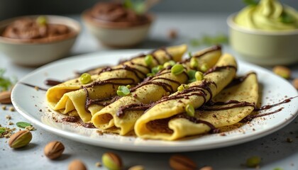 Pistachio crepes filled chocolate served on plate. Thin pancakes drizzled cocoa sauce. Tasty dessert meal. Sweet food, healthy eating. Gourmet snack with pistachio cream. Culinary art. Close up of