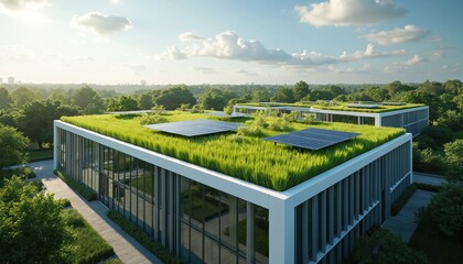 Modern building with green roof and solar panels. Rich vegetation covers roof areas and surrounds property. Nature integrates with architecture in eco friendly design. Sunny day.