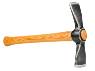 Classic pickaxe tool with a polished wooden handle and steel head on a transparent background