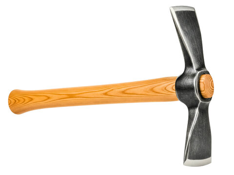 Classic pickaxe tool with a polished wooden handle and steel head on a transparent background