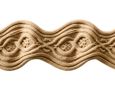 Beige cable knit sweater fabric with a wavy ornamental pattern on a transparent background