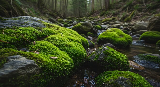 Vibrant green moss covering stones in a tranquil forest stream.