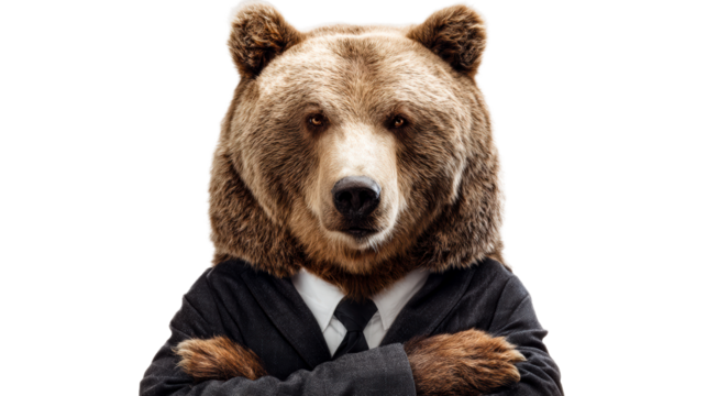 Anthropomorphic bear wearing suit with crossed arms