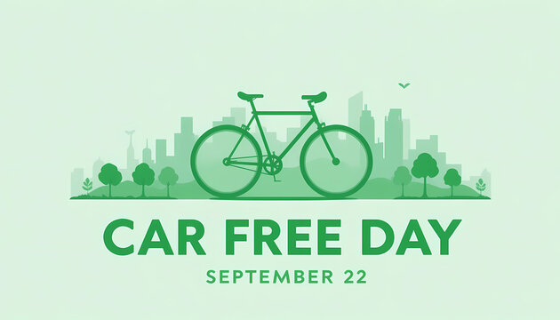 Green bicycle silhouette over city skyline for car free day on september twenty second event poster