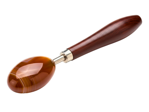 Polished agate stone burnisher with a dark wood handle for crafts on a transparent background
