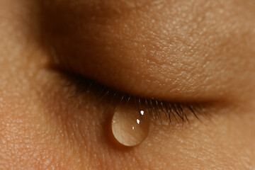Fototapeta premium Emotional macro of a closed eye with a single tear resting on the skin. Fine textures, soft lighting, and delicate eyelashes convey vulnerability and intimate human emotion.
