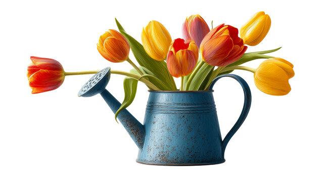 Orange and yellow tulips in a blue watering can