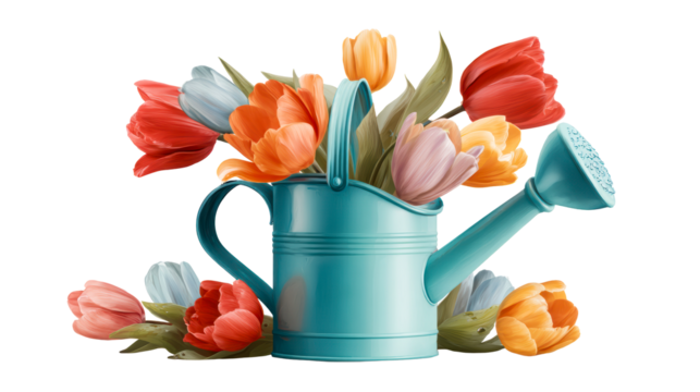 Teal Watering Can Filled With Assorted Tulips and Petals Scattered