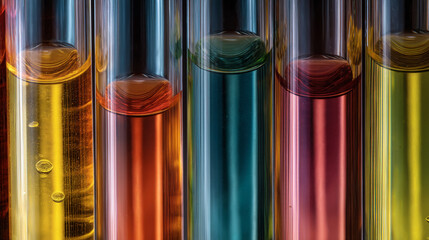 Close up view of various test tubes filled with colorful liquids in a lab setting