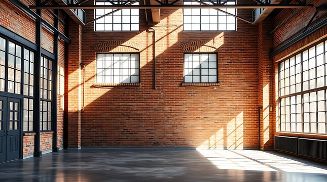 An ultra-realistic, sun-drenched interior, capturing the essence of a modern industrial loft with exposed brick, polished concrete floors, and large metal-framed windows