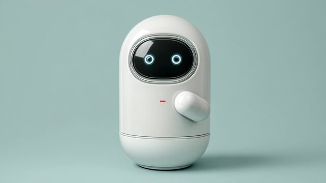 A cute robot white glossy minimal futuristic toy mascot cartoon rounded with smooth oval design and glowing face, friendly ai inspired playful tech concept loop animation teal background, charming