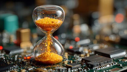 Hourglass with orange sand sits on computer circuit board. Represents time flow in modern technology world. Deadline, time pressure. Tech progress, microchips, digital components in hi tech industry.