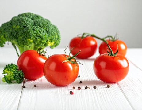 Fresh broccoli and ripe tomatoes on a white wooden surface