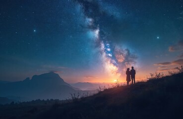 Fototapeta premium Couple admires vast Milky Way galaxy from mountain hill at sunset. Romantic pair gazes at starry sky and distant peaks. Love and cosmic wonder.