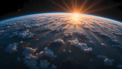 View of earth from space with clouds and sun rays shining through the atmosphere at sunrise time