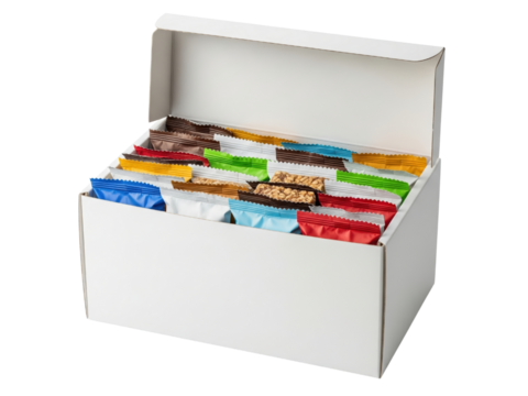Open the box of assorted protein and granola bars in colorful wrappers on a transparent background