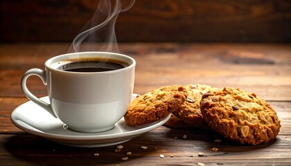A white coffee cup with steaming dark liquid rests on a saucer beside a stack of cookies. The backdrop is a blurred wooden surface