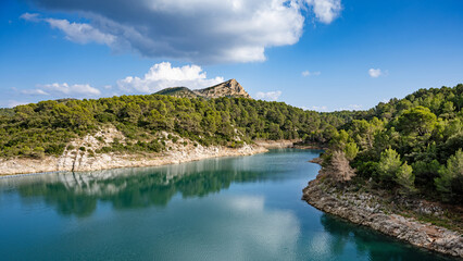 Sainte Victoire mountain near Aix-en-Provence seen from the lake of Barrage de Bimont Dam, Provence, France