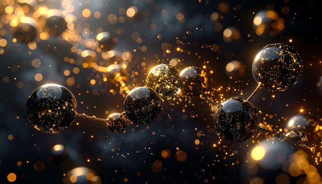 An abstract molecular-like composition with glistening spheres linked by glowing strands against a dark, ethereal backdrop