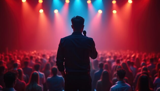 Comedian holds microphone on stage performing for audience. Lights shine red blue on performer and crowd enjoying show. Man tells jokes, entertains viewers.