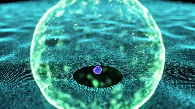 Abstract metaphor of a sick indigo particle being contained by an emerald barrier and safely dissolving without spreading.