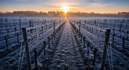 Vineyard rows at sunrise with frost covered ground and wooden posts