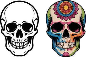 Two skulls one in black outline and the other is colorful with flower design on the forehead area