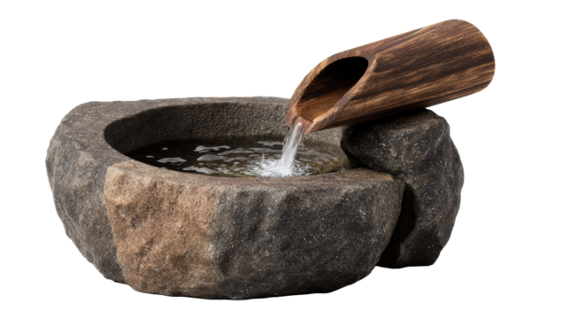 Stone basin with water flowing from wooden bamboo spout