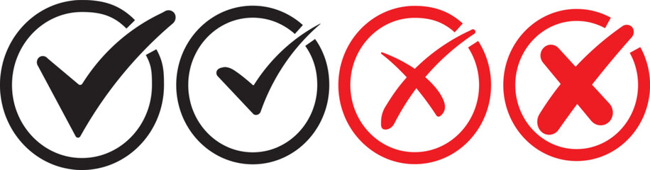 Check mark icon button set. Check box icon with right and wrong buttons and yes or no checkmark icons in green tick box and red cross. Isolated checkmark symbol