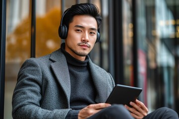 Pensive young Asian businessman sits near an office building outdoors, wearing headphones and thoughtfully staring at a tablet screen while contemplating important decisions, Generative AI