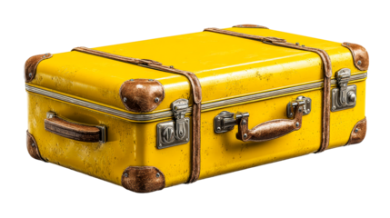 Vintage yellow suitcase with leather trim and metal clasps