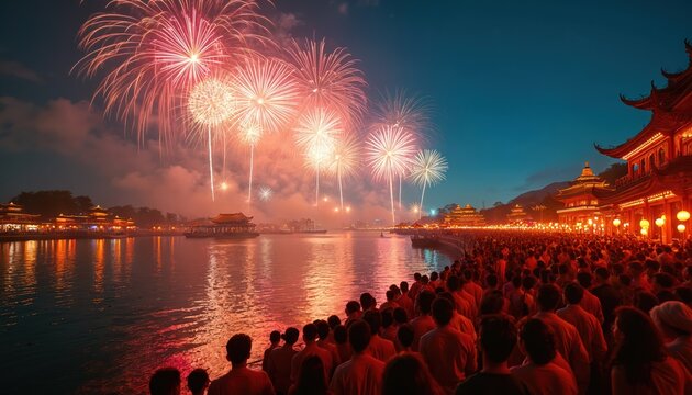 Crowd watches firework display over river, oriental buildings are illuminated. People celebrate traditional asian festival. Festive scenery at night attracts many tourists, creating memorable moment.