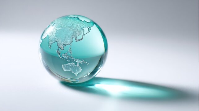 A translucent turquoise glass globe with etched continents casting a long shadow on a clean white background - Powered by Adobe