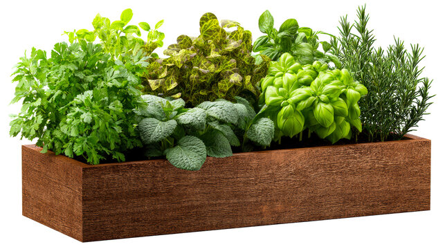 Assorted fresh herbs growing in a rustic wooden planter