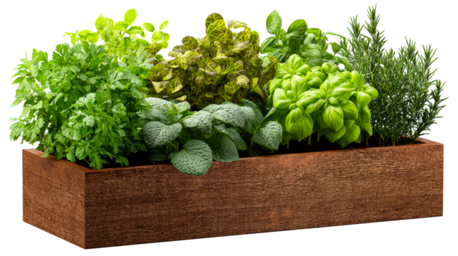 Assorted fresh herbs growing in a rustic wooden planter