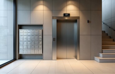 Modern apartment building lobby features bank of metal mailboxes. Shiny elevator stands in middle with stairs on right side. Clean residential hall contemporary design, light walls, tiled floor with