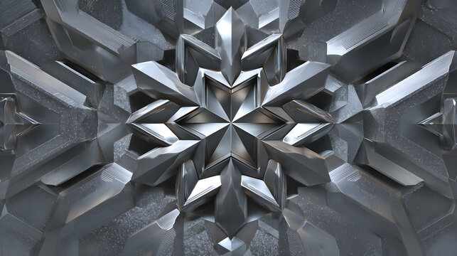Abstract geometric snowflake tessellation, futuristic metallic rendering and symmetry precision