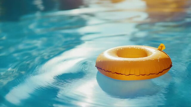 A yellow inflatable ring is floating in the water. The ring is yellow and has a red handle