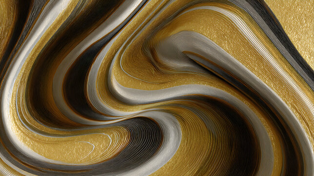 Abstract golden ribbon swirl pattern wallpaper, glossy metallic finish and triadic palette harmony
