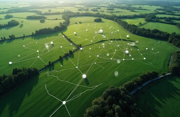 Aerial view shows green fields, trees. Digital network connects points over landscape. Represents smart land development, urban planning, data integration. Tech solutions for eco environment, future