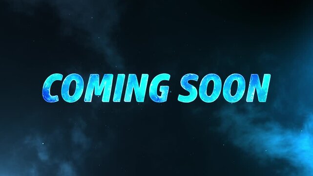 Glowing vibrant neon text display on dark bue background with particles and nubula, coming soon animation for live videos and gaming intros.