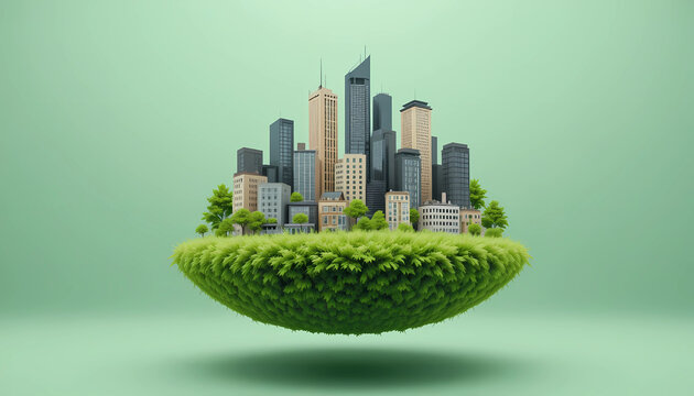 Floating island with buildings and grass against a light green background in a studio setting